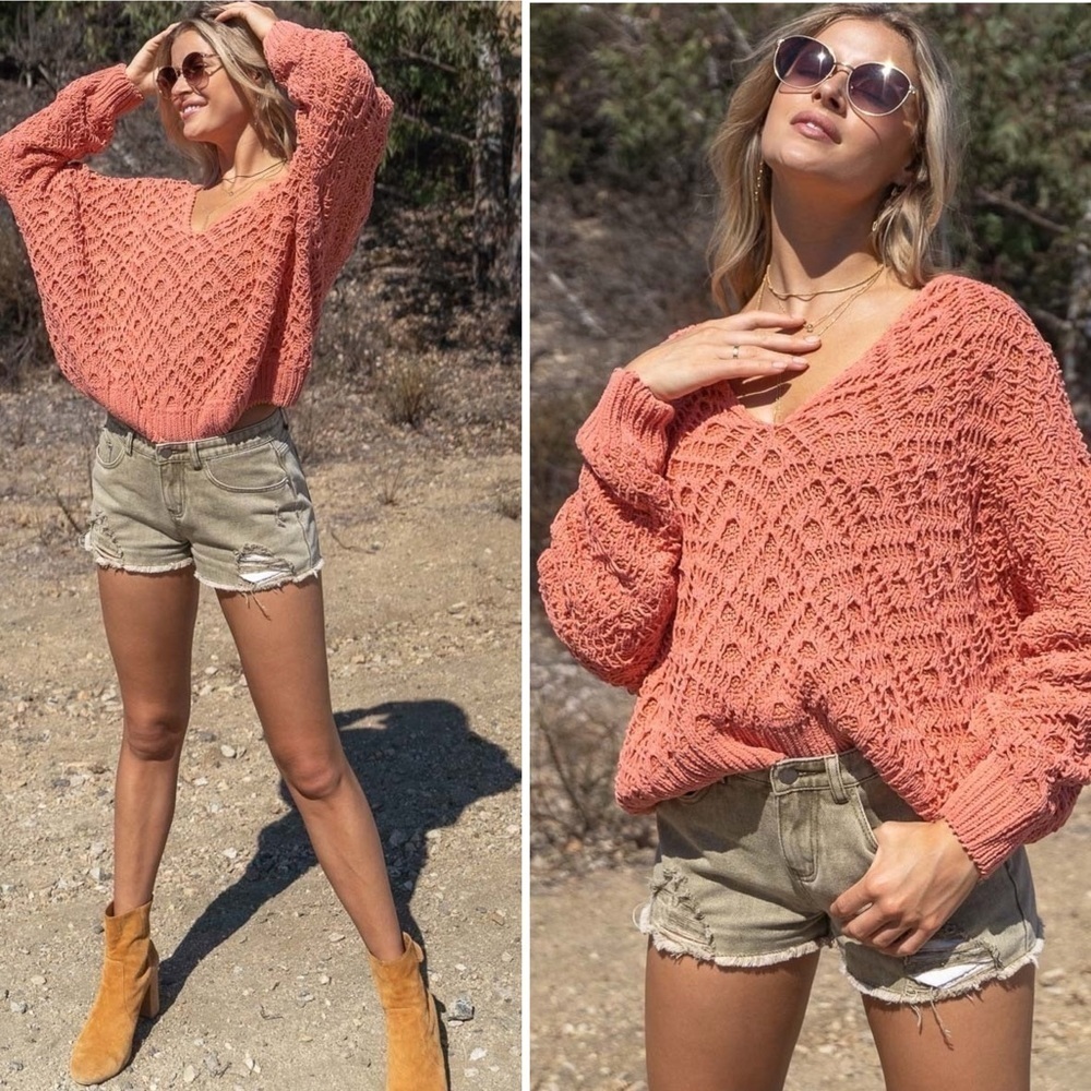 Poppy Brand Chenille Coral Chunky Knit V Neck Sweater Large